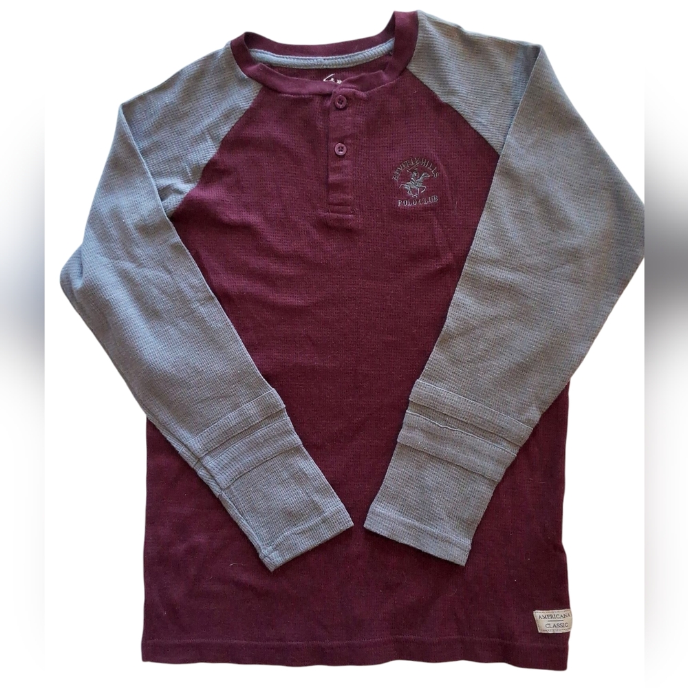 Beverly Hills Polo Club Boys Burgundy/Gray Long Sleeve Henley Shirt 10-12 NWT